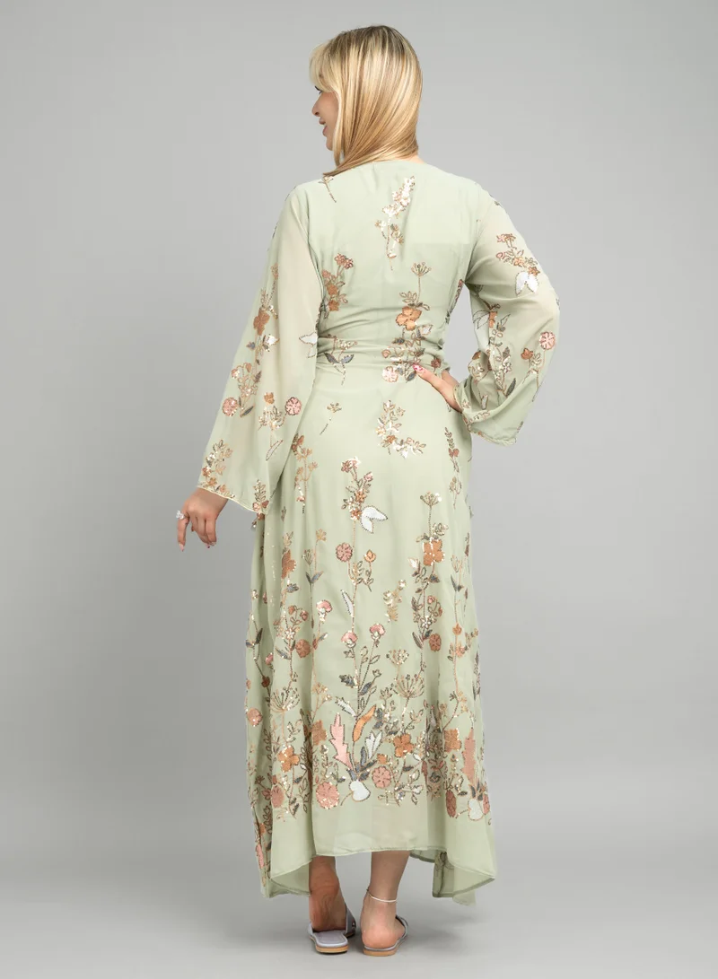 IKKXA Elegant Floral Embroidered Jalabiya CJ1081 Mint