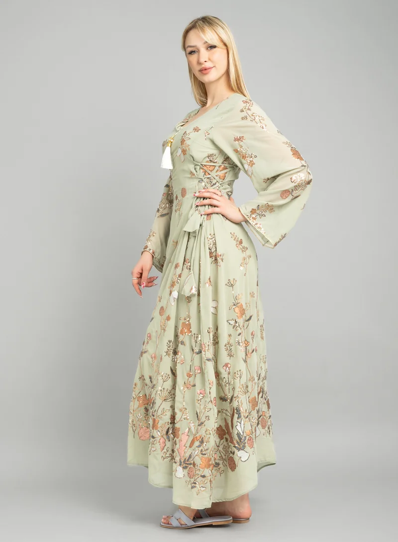 IKKXA Elegant Floral Embroidered Jalabiya CJ1081 Mint