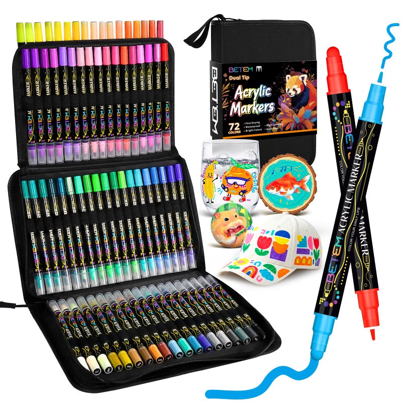 Betem Acrylic Paint Markers Pens, Dual Tip 72 Colors Fabric Decorating Kits Paint Pens Acrylic Markers for Wood, Fabric, Canvas, Stone, Rock Painting, Glass, Ceramic Surfaces, Art Supplies with Bag - Image 1