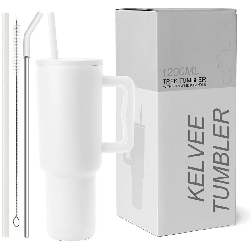 KELVEE 40oz Tumbler with Handle and Straw Lid Reusable Vacuum Insulated Stainless Steel Water Bottle Leakproof Coffee Sipper Mug for Keeping Beverages Hot or ColdPerfect for Travel White - Image 1