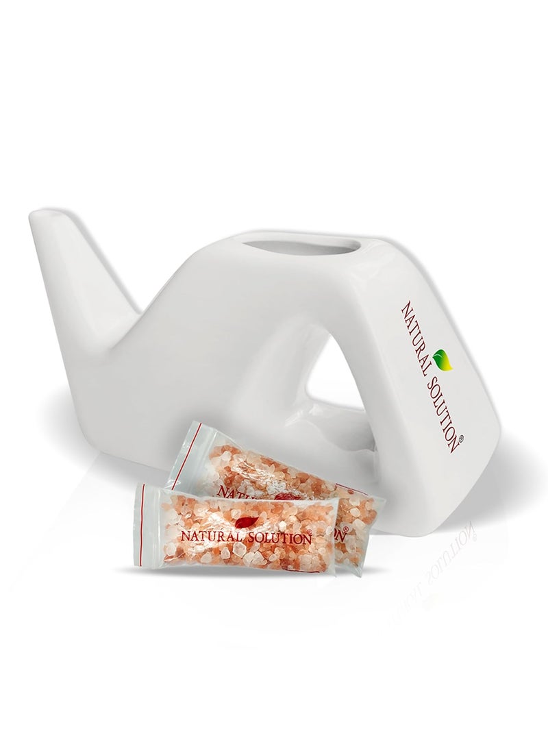 Natural Solution - Natural Solution Ceramic Neti Pot, Congestion Relief Filled with 100% Natural Pink Himalayan Salt, Refillable for Breathing Difficulties & Allergy Relief - Image 1