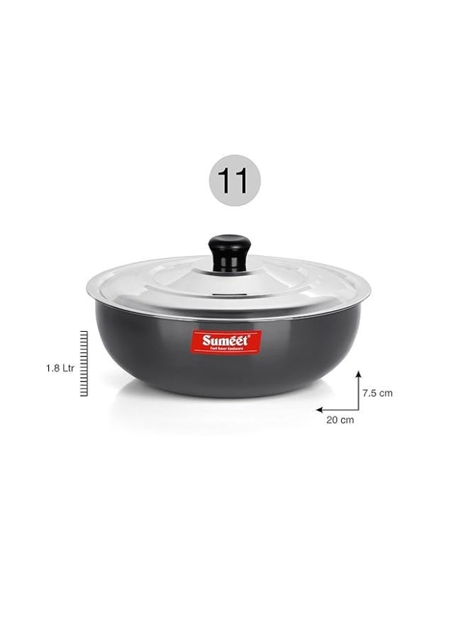 Sumeet 3mm Aluminium Hard Anodized Deep Tasla with Stainless Steel Lid Size No. - 11 (20cm Dia. 1.8L Capacity) - Image 3