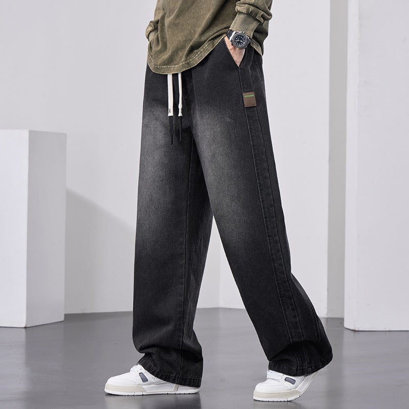 Jeans Mens Spring and Autumn Loose plus size Fashion Brand American Style Workwear Wide Leg Straight Retro Casual Pants for Men A502 Black - Image 1