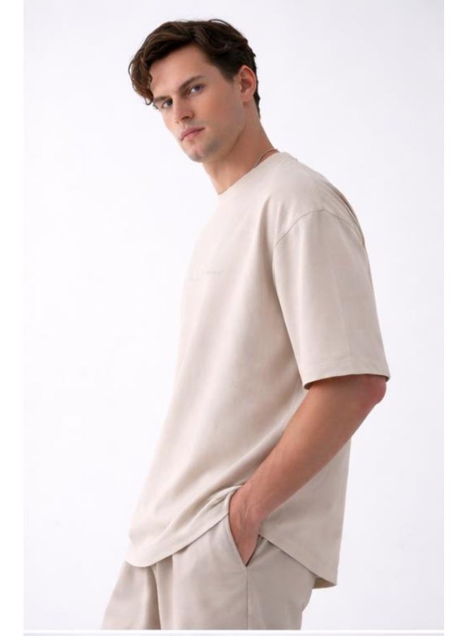 Marrakech Short Sleeve Round Neck T-Shirt - Beige with Front Text Print - Image 2