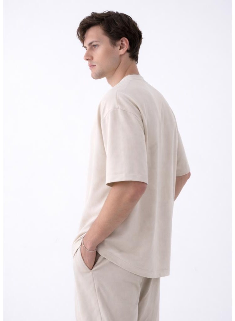 Marrakech Short Sleeve Round Neck T-Shirt - Beige with Front Text Print - Image 4