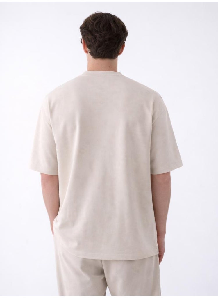 Marrakech Short Sleeve Round Neck T-Shirt - Beige with Front Text Print - Image 5