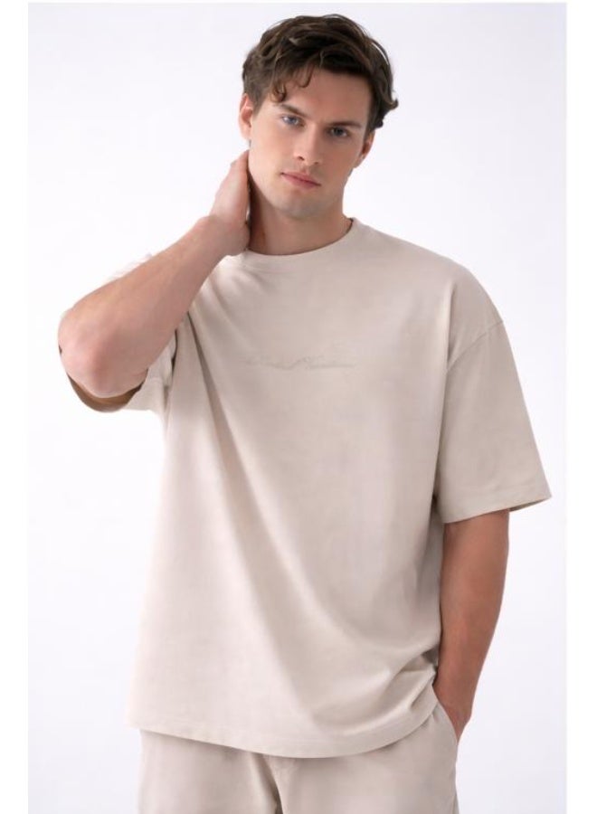 Marrakech Short Sleeve Round Neck T-Shirt - Beige with Front Text Print - Image 3