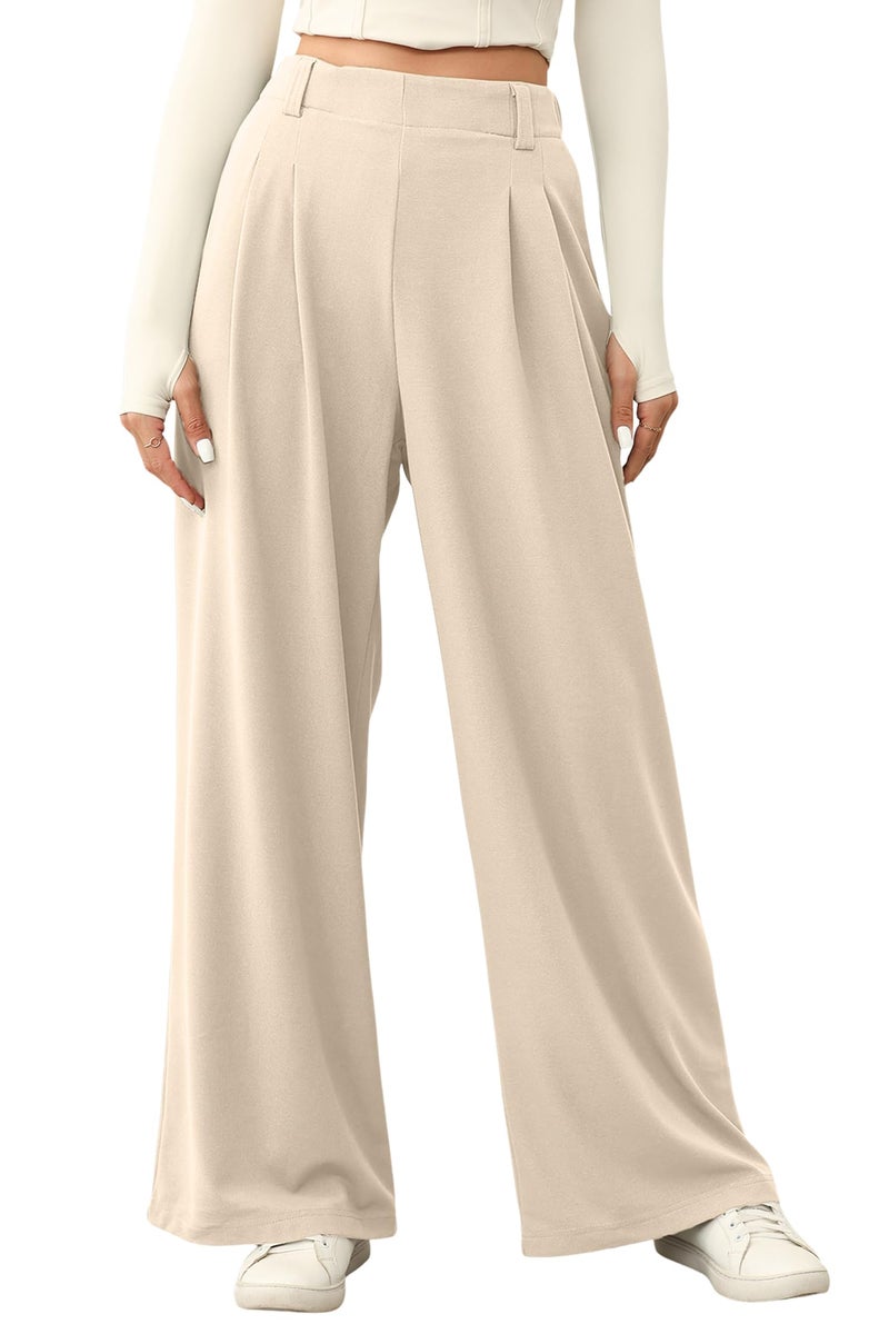 EVALESS Wide Leg Pants for Women High Waisted Flowy Business Casual Dress Pants Womens Elastic Waist Waffle Knit Palazzo Trousers Office Work Slacks Teacher Outfits Beige X-Large - Image 1