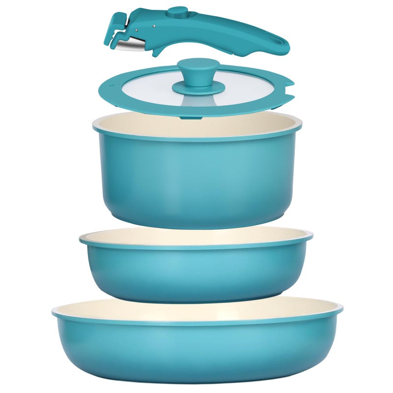 GIPP 5pcs Pots and Pans Set Non Stick, Nonstick Cookware Set Detachable Handle, Ceramic Pots for Cooking Non Stick with Removable Handle, RV Cookware Set for All Stoves, Light Blue Gradient - Image 1