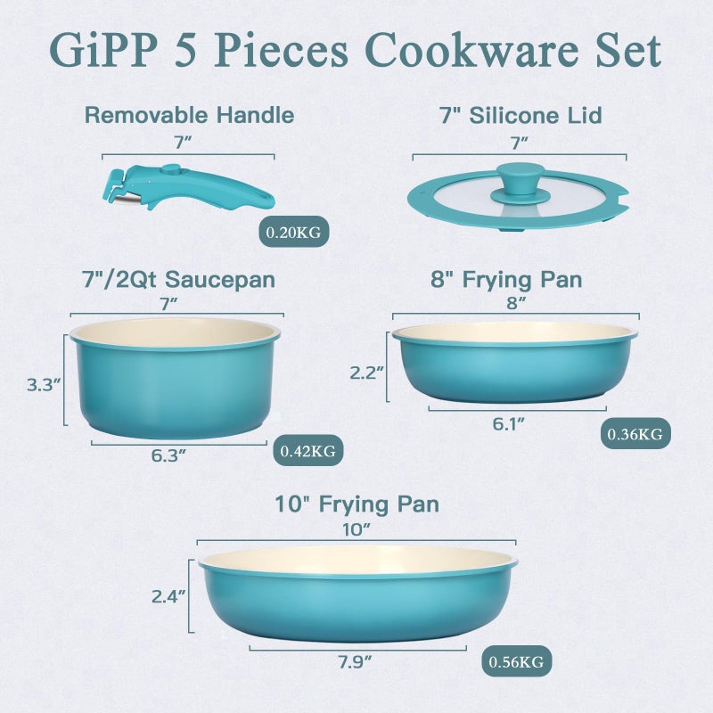 GIPP 5pcs Pots and Pans Set Non Stick, Nonstick Cookware Set Detachable Handle, Ceramic Pots for Cooking Non Stick with Removable Handle, RV Cookware Set for All Stoves, Light Blue Gradient - Image 3