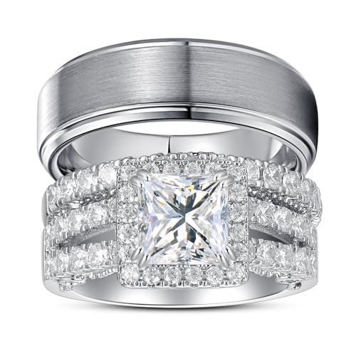 Corato 3PCS Wedding Rings for Him and HerMatching Wedding Ring SetsWedding Bands for CouplesMens Tungsten Wedding Bands White Gold Plated 25CT Bridal Set with Princesscut Cubic Zirconia women 7men 10