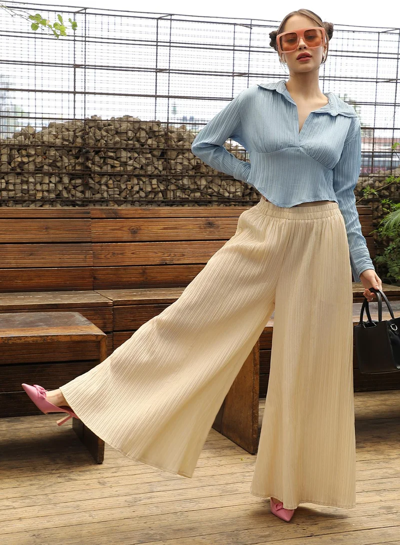 PINACOLADA Women's Pale Yellow Striped Piping Flared Trousers