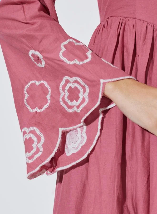 Styli  Pink Embroidered Long Bell Sleeves Smock Maxi Dress for Women | Best Price UAE