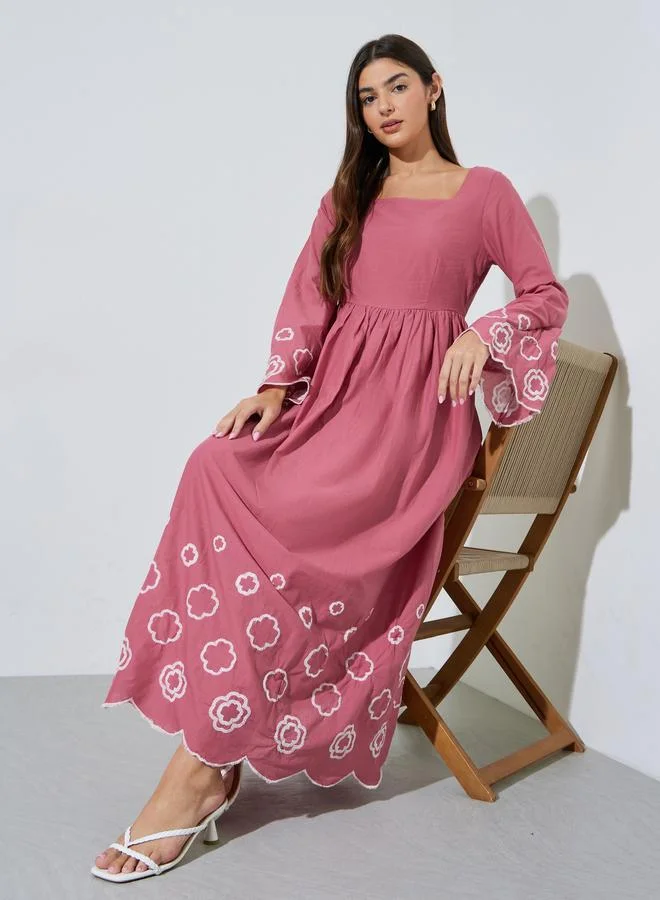Pink Embroidered Long Bell Sleeves Smock Maxi Dress