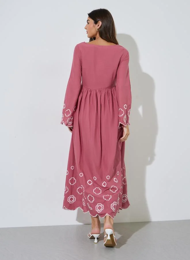 Styli  Pink Embroidered Long Bell Sleeves Smock Maxi Dress for Women | Best Price UAE