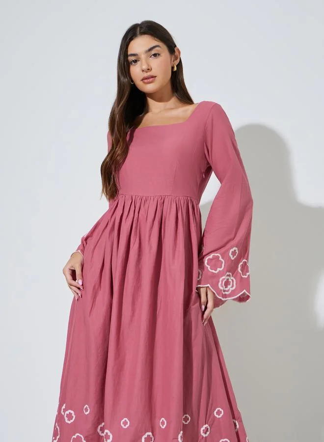 Styli  Pink Embroidered Long Bell Sleeves Smock Maxi Dress for Women | Best Price UAE
