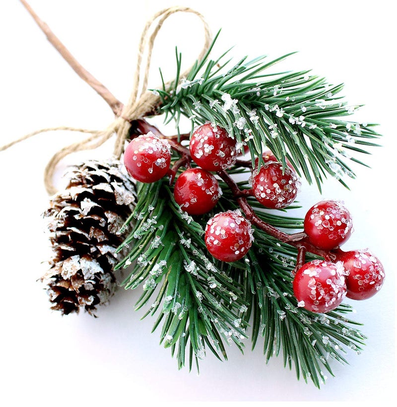 OLYPHAN Red Berry Stems Pine Branches Evergreen Christmas Berries Dcor 8 PCS Artificial Pine Cones Branch Craft Wreath Pick Winter Holiday Floral Picks Holly Stem for Decoration DIY Xmas Garland Crafts