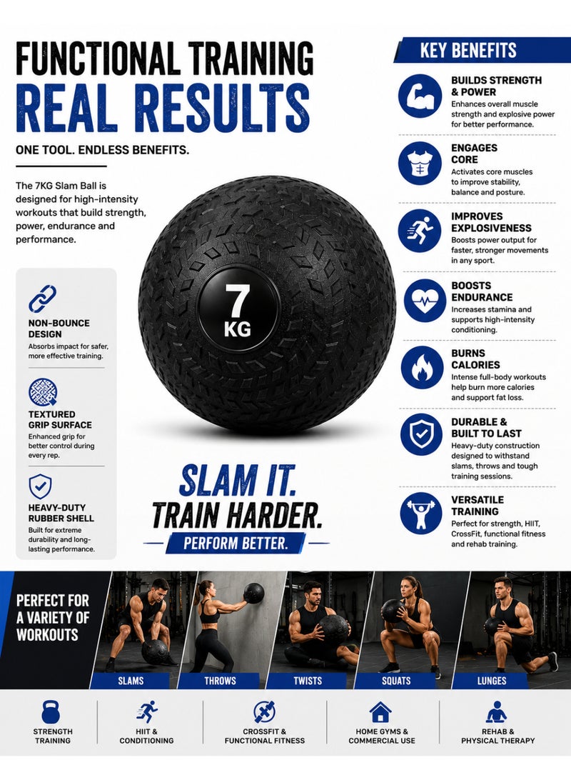 Volcan Fitness Slam Ball 7KG – Heavy Duty Non-Bounce Rubber Medicine Ball for Strength & Cross Training - Image 4
