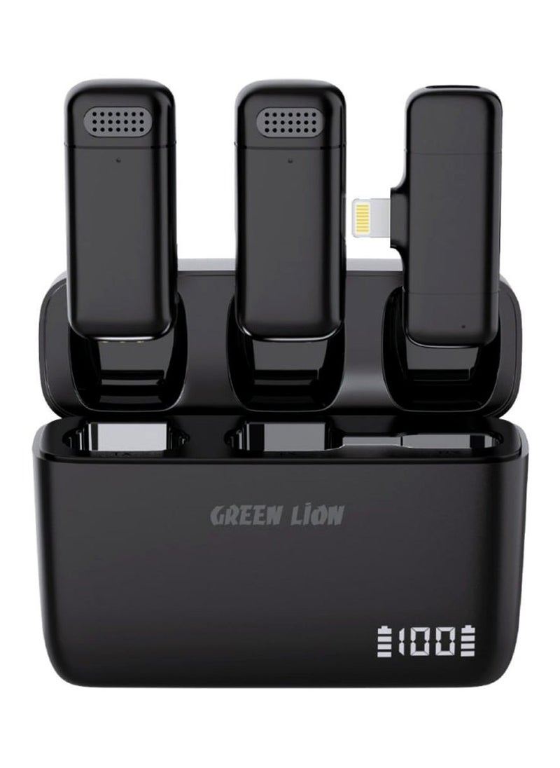 GREEN LION - Duo Cast Wireless Mic Type-C / Up To 7H Working Duration / Long Distance Transmission / 2.4Ghz Digital Frequency / 3 Times Charging Case / 20 Transmission Range / Automatic Pairing - Black - Image 1