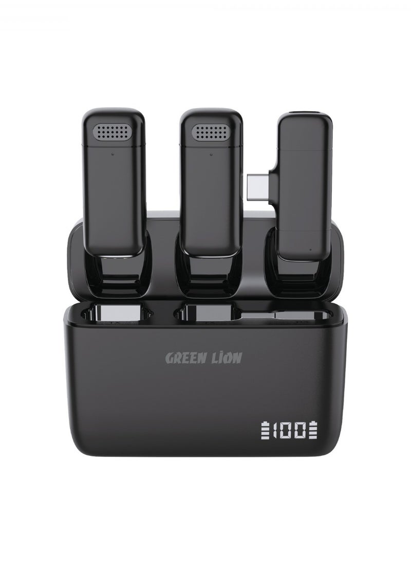GREEN LION - Duo Cast Wireless Mic Type-C / Up To 7H Working Duration / Long Distance Transmission / 2.4Ghz Digital Frequency / 3 Times Charging Case / 20 Transmission Range / Automatic Pairing - Black - Image 1