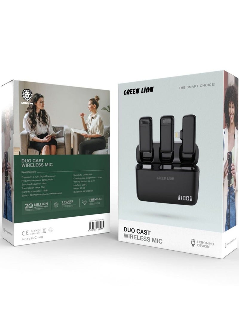 GREEN LION - Duo Cast Wireless Mic Type-C / Up To 7H Working Duration / Long Distance Transmission / 2.4Ghz Digital Frequency / 3 Times Charging Case / 20 Transmission Range / Automatic Pairing - Black - Image 1
