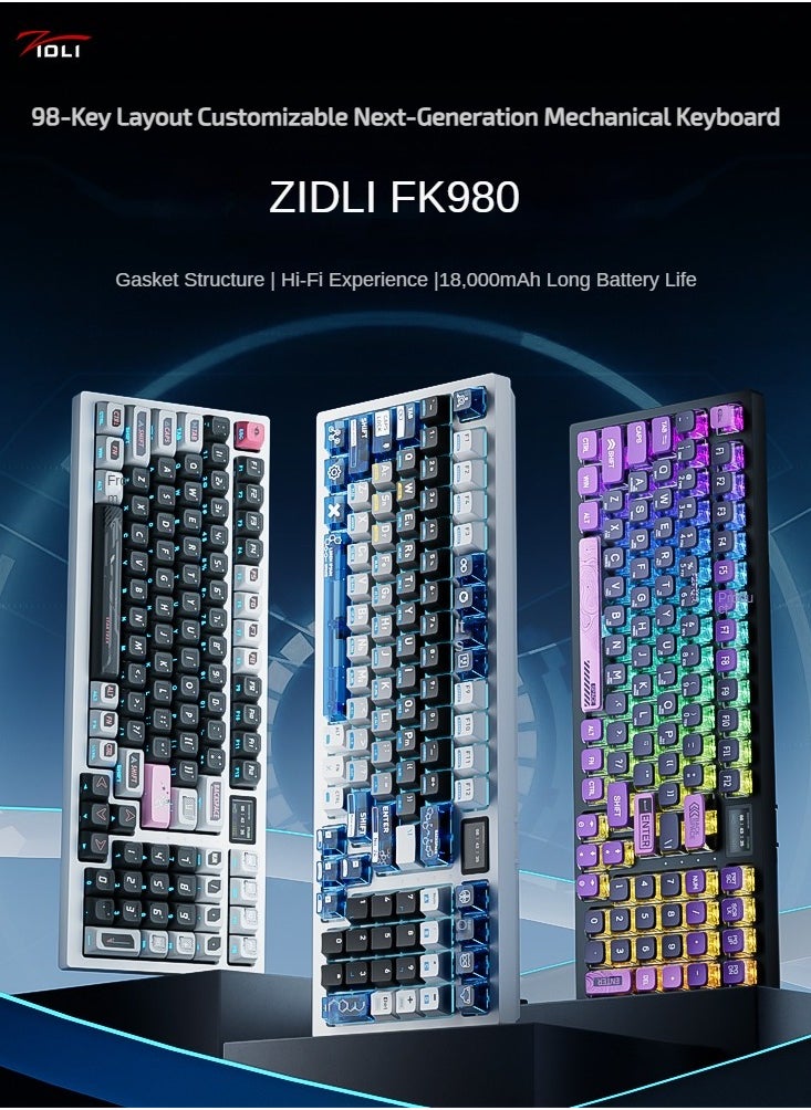ZIDLI - ZIDLI FK980 Custom Mechanical Keyboard with DIY Display Screen RGB Gasket Structure KTT Hyacinth Switches Wireless Triple Connectivity 98-Key Compact Layout PBT Keycaps 5 Color Variants - Image 1