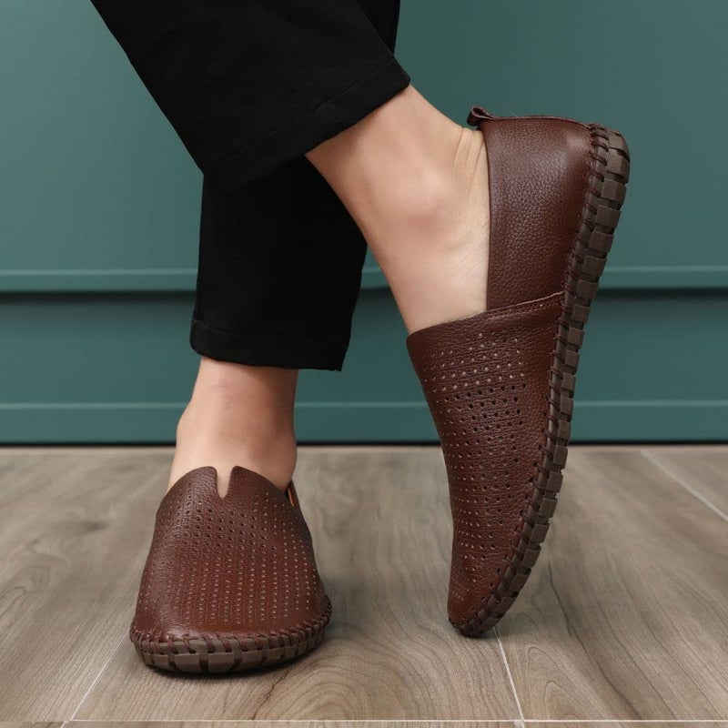 mitvr Men's Genuine Leather Loafer Shoes Slip On Soft Walking Shoes Perforated Driving Shoes,Holing Dark Brown,42EU=9 M US - Image 2