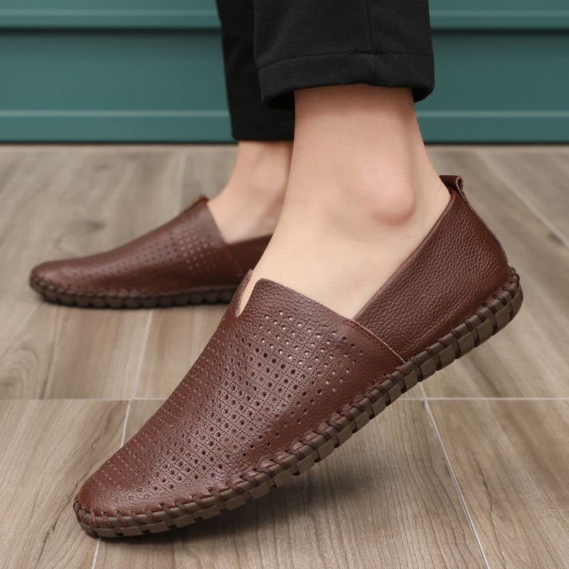 mitvr Men's Genuine Leather Loafer Shoes Slip On Soft Walking Shoes Perforated Driving Shoes,Holing Dark Brown,42EU=9 M US - Image 3