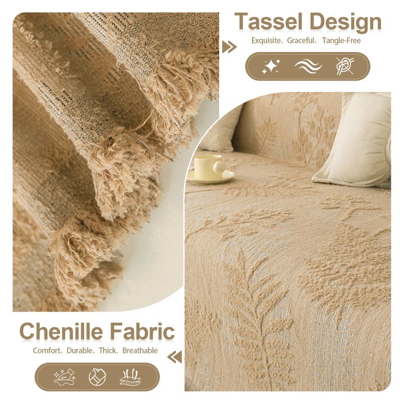 HANDONTIME Washable Couch Covers for Sofa Boho Couch Covers for 3 Cushion Sofa Pet Friendly Camel Chenille Jacquard Couch Protector for Dogs Plant Branch Sectional Cover Sofa Slipcovers, 71" X 118" - Image 2