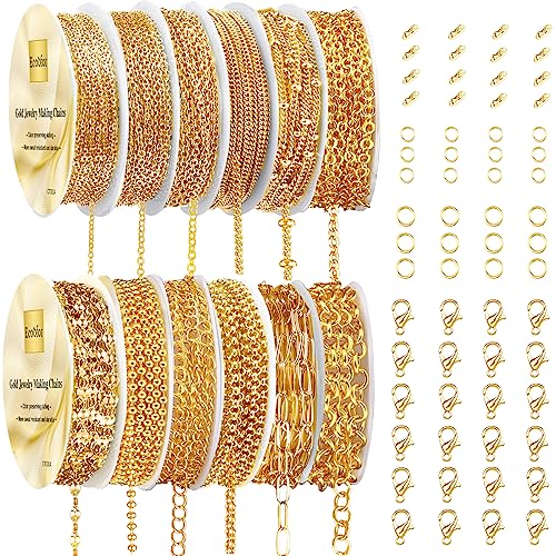 Ecoofor Gold Necklace Chains for Jewelry Making, 95.1 Feet 12 Rolls Jewelry Chains for DIY Necklace Bracelet Jewelry Making with Jump Rings/Lobster Clasps/Connectors - Image 1