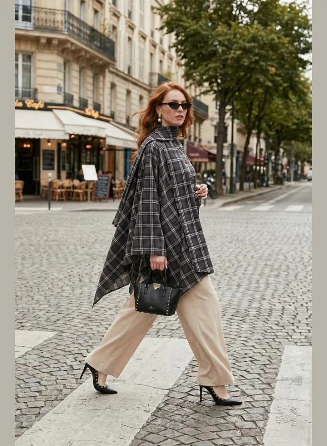 ليلا Lela Plaid Cotton Oversize Fit Scarf Collar Poncho for Women 6925472