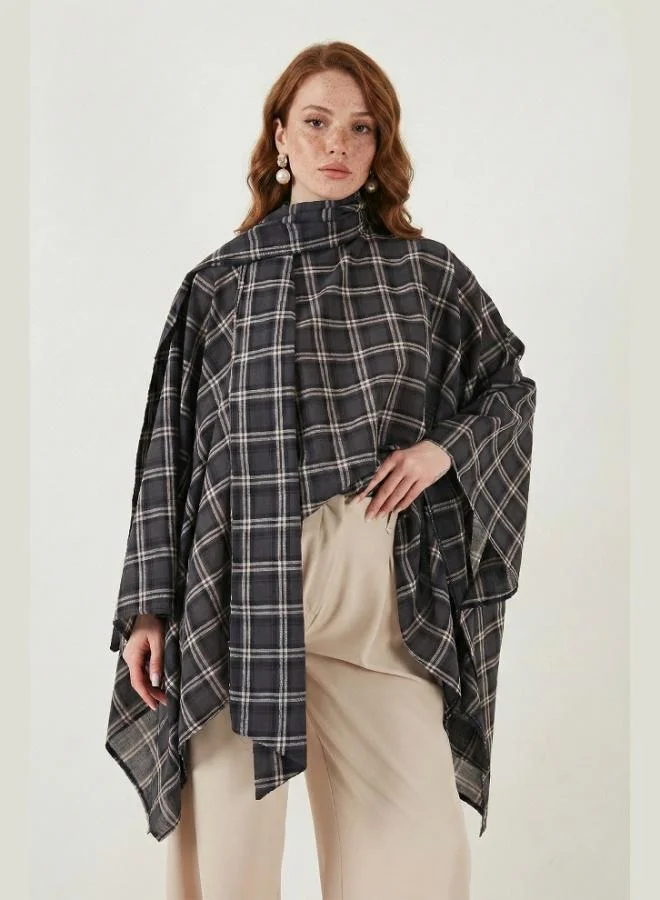 ليلا Lela Plaid Cotton Oversize Fit Scarf Collar Poncho for Women 6925472