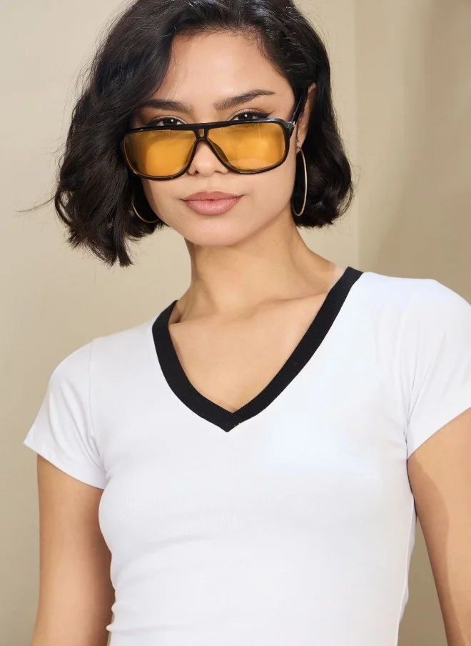 ساسافراس White V-Neck Slim Fit Crop T-Shirt for Women