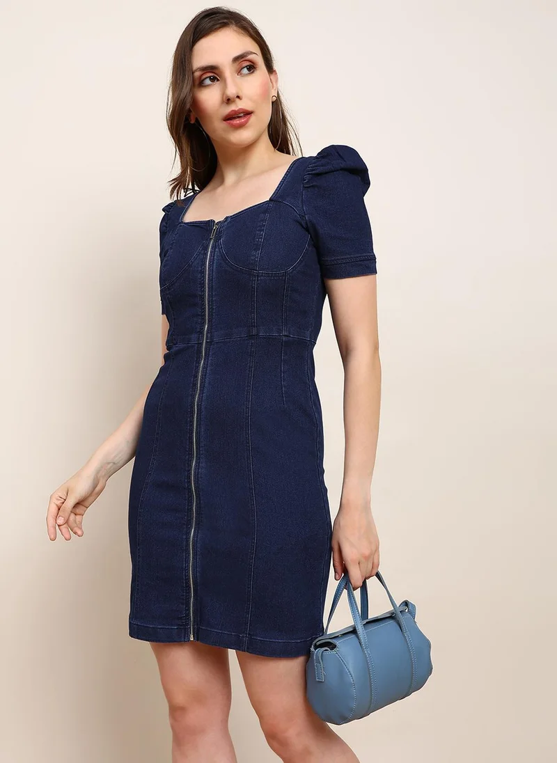 globus Globus Women Navy Blue Square Neck Puff Sleeves Zip Detail Mini Bodycon Denim Dress