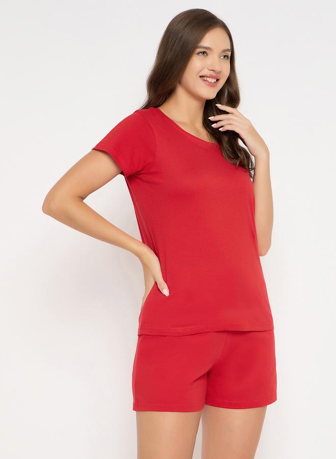 Clovia Solid Short Sleeve Cotton Top and Shorts Set - Image 4