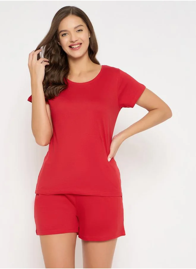 Clovia Clovia Solid Short Sleeve Cotton Top and Shorts Set