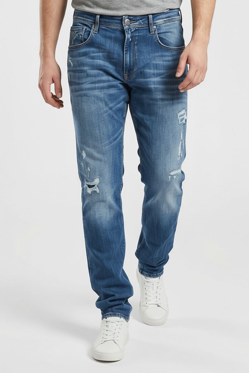 Replay Men Slim Fit Washed Stretchable Jeans, Medium Blue - Image 1