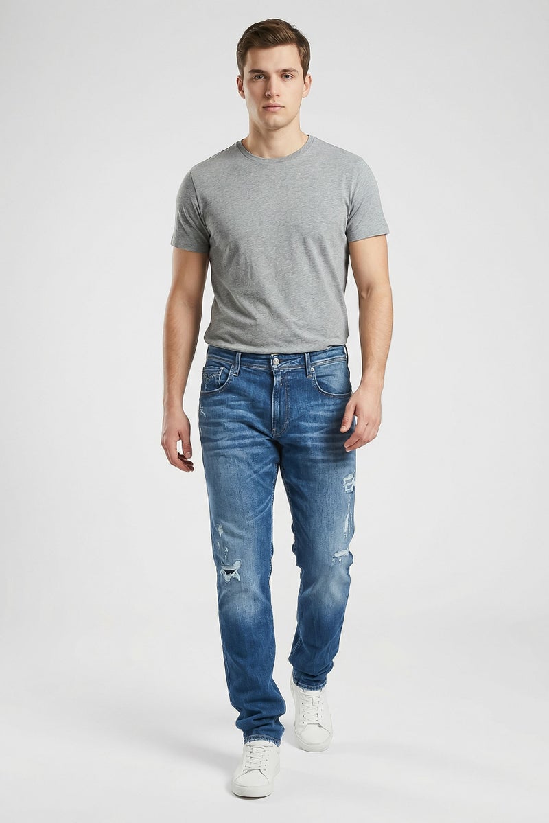 Replay Men Slim Fit Washed Stretchable Jeans, Medium Blue - Image 4
