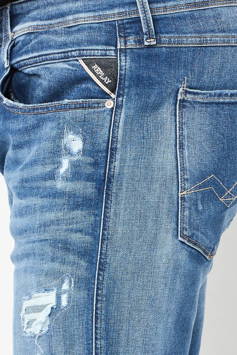 Replay Men Slim Fit Washed Stretchable Jeans, Medium Blue - Image 2