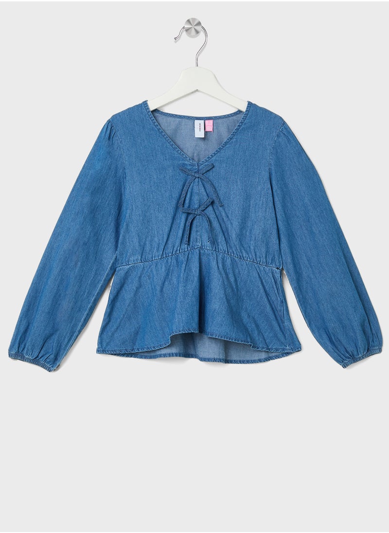 Vero Moda Girl Kids Denim Bow Detail Woven Top  - Image 1