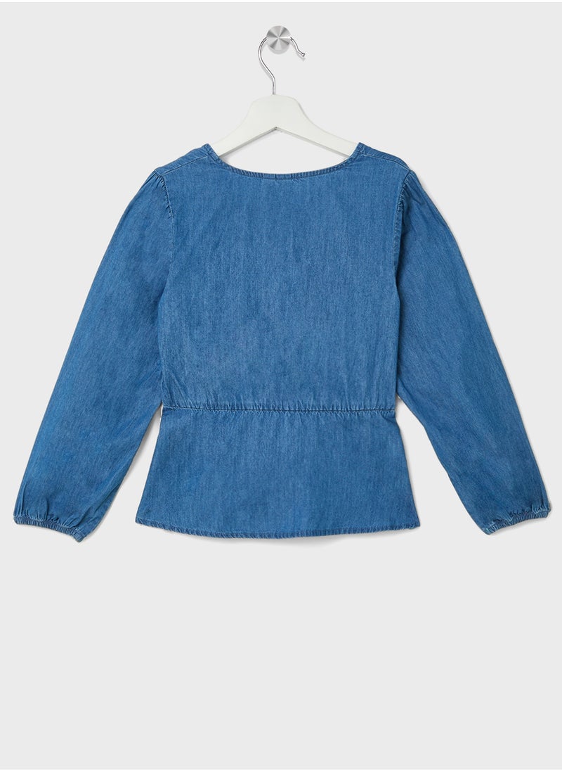 Vero Moda Girl Kids Denim Bow Detail Woven Top  - Image 2