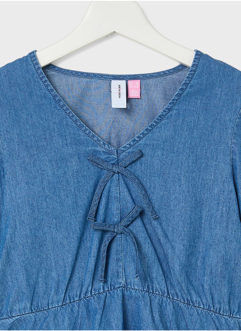 Vero Moda Girl Kids Denim Bow Detail Woven Top  - Image 3