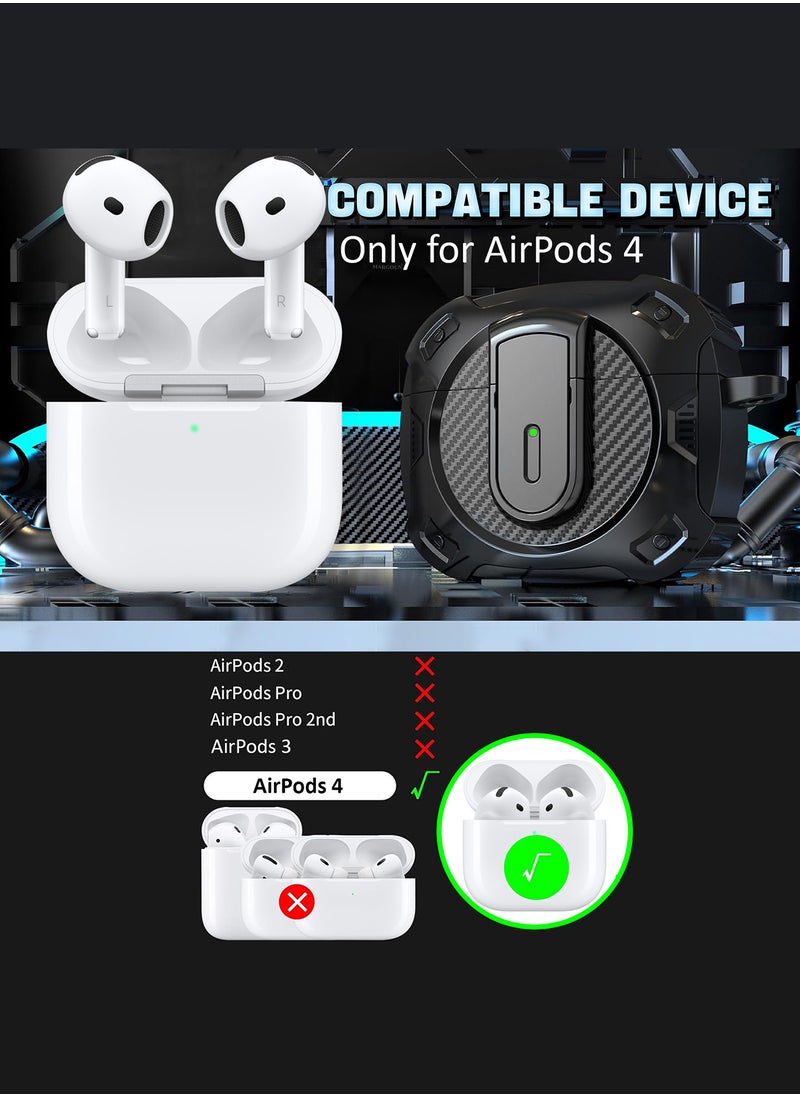 Airpods 4 Case Hard Shell Protective Armor LED Visible Wireless Charging Case Cover with Lock - Black