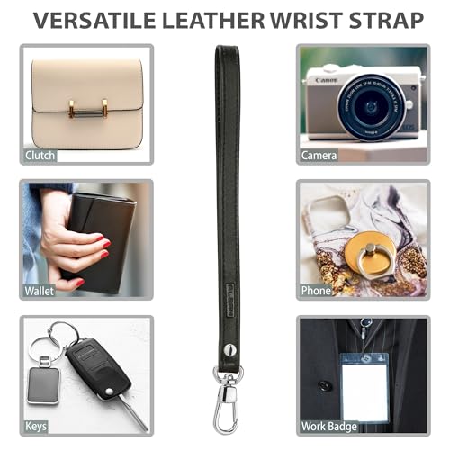 Alban Leather Wrist Strap for Wallet, Clutch, Keys, Wristlet Purse, Keychain for Women and Men - Genuine Black Leather Strap with Silver Metal Clasp - Image 2