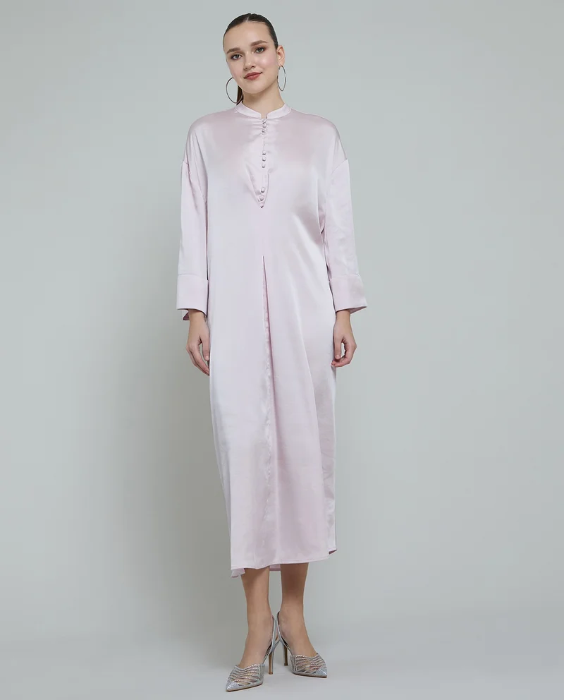 R&B Solid Shift Dress with Stand Collar and Long Sleeves