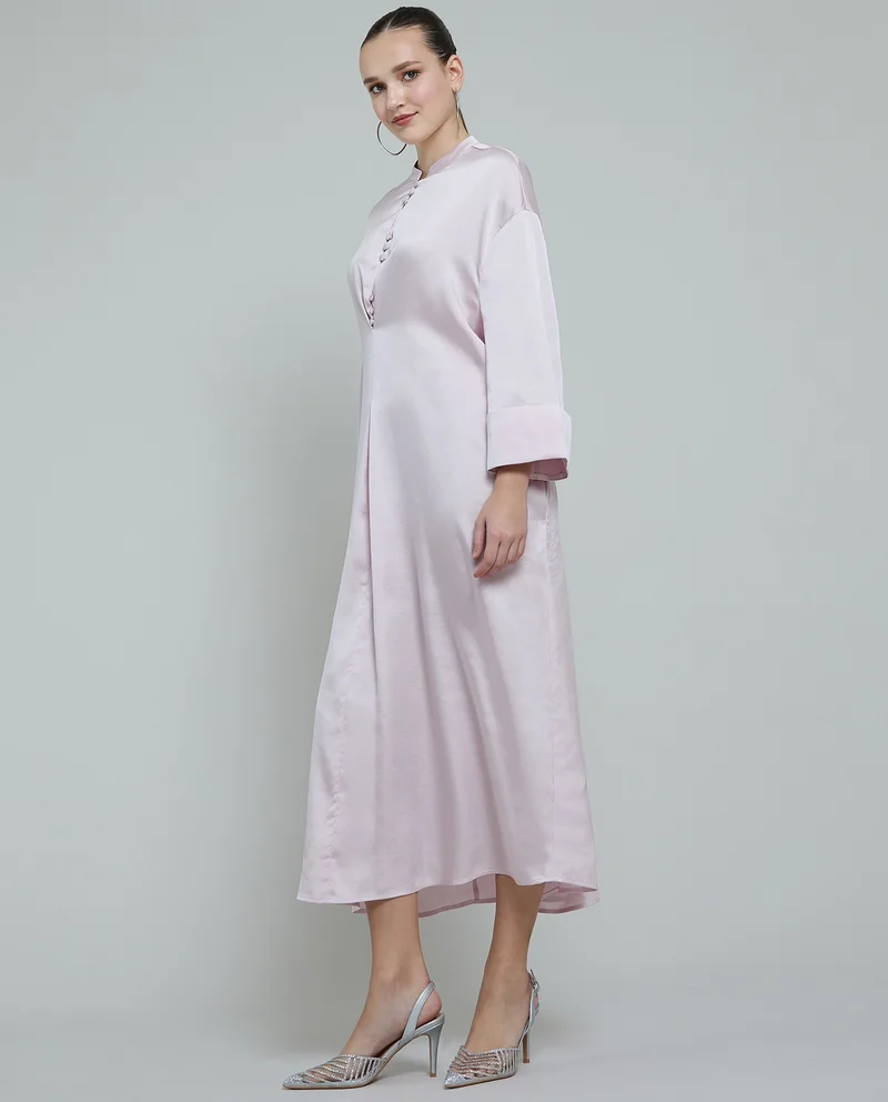 R&B Solid Shift Dress with Stand Collar and Long Sleeves
