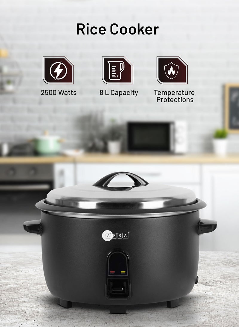 عفرا طنجرة أرز AFRA، سعة 8 لتر، وظيفة الحفاظ على الدفء، 2500 وات، كوب قياس وملعقة للحماية من درجات الحرارة العالية، AF-8025RCBK، ضمان لمدة عامين - Image 1