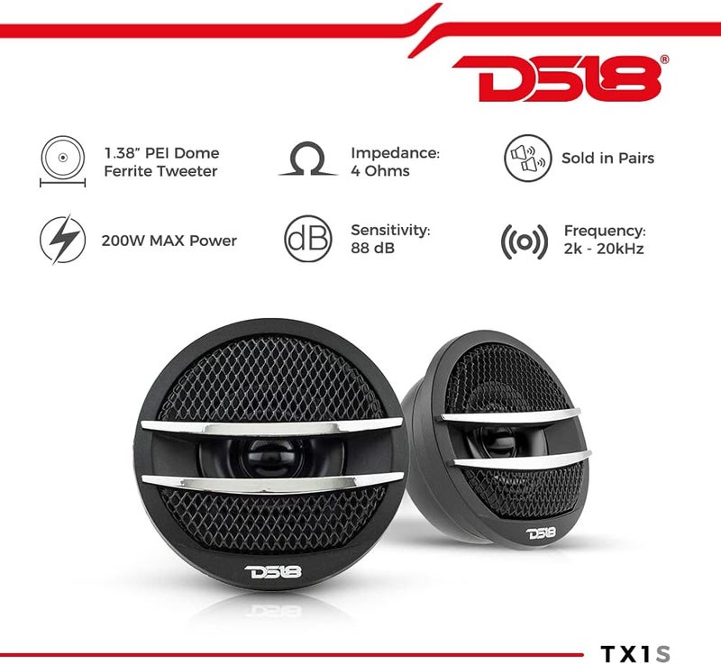 DS18 TX1S Tweeter X1 1.38-inch 200 Watts Max Pei Dome Ferrite Tweeters with Mounting Kit Angle, Flush, & Surface - Set of 2 (Black/Silver) - Image 2