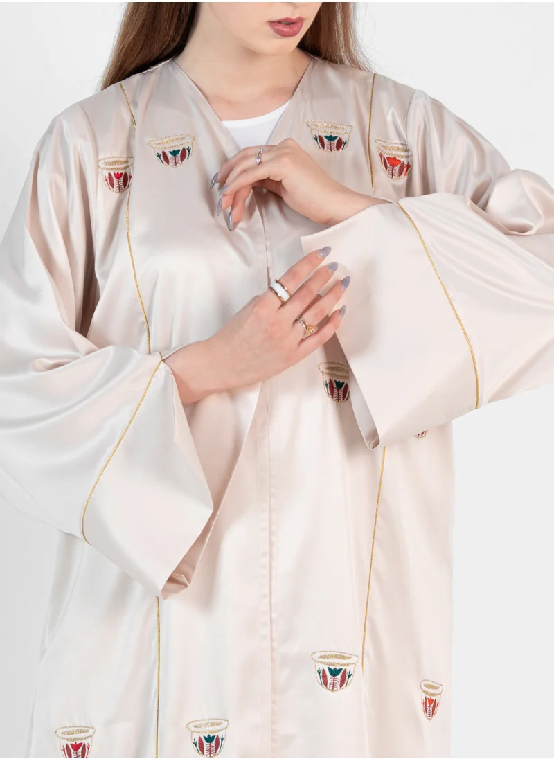 Rosette Abaya Bisht With coffee Embroidery Design