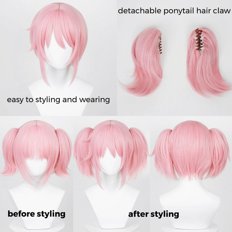 Half and Half Mado-Ka Cosplay Wig Pink Ponytail Wigs With Bangs Short Light Pink Anime Cute Lolita Twin Tails Wig For Women Halloween Party Costumes - Image 4